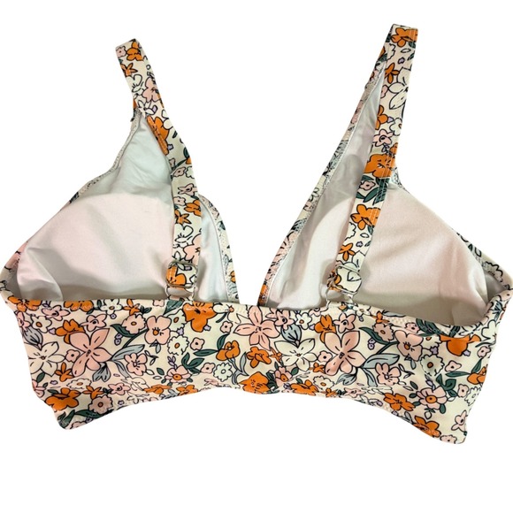 NWT Floral Bikini Top Orange Pink V-Neck Ring Detail Swimwear Large NEW - Picture 3 of 5